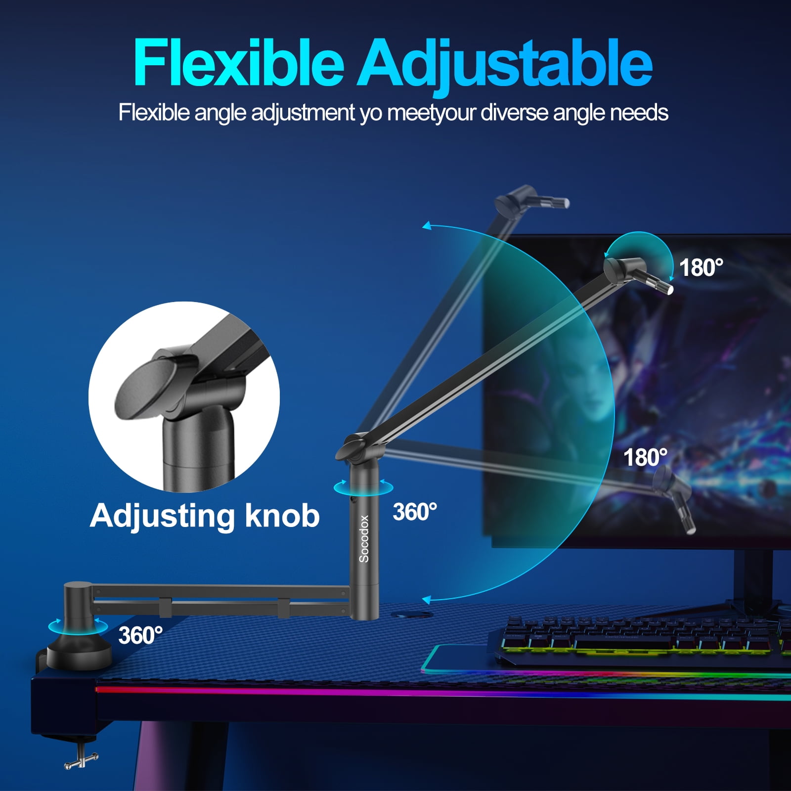 Socodox Low Profile Mic Arm,Upgraded Microphone Boom Arm Stand with 7cm Desk Mount Clamp and 3/8" & 5/8" Adapter for Blue Yeti,Podcasting,Gaming,Black