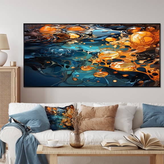 Designart "Serene Journey Along an Orange and Blue River III" Extra Large Abstract Framed Wall Art - Modern Orange Abstract Liquid Ink Entryway Framed Wall Art