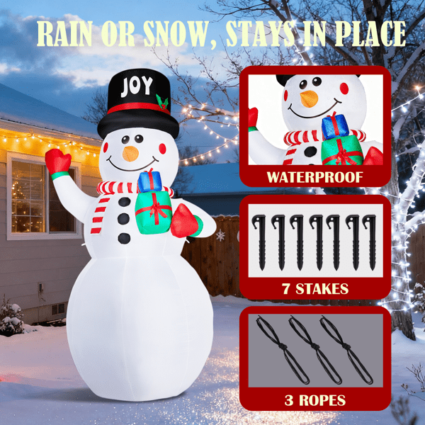 Giant 12FT Christmas Inflatable Snowman, 3 White LEDs + 1 Light Panel, Gift-Holding Waving Design, Weatherproof Polyester for Yard, Store, Indoor