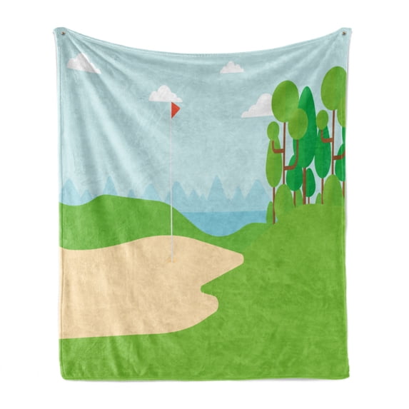 Golf Course Scene Soft Flannel Fleece Throw Blanket, Theme of a Hobby Sports Field and Flag with Forest Graphic, Cozy Plush for Indoor and Outdoor Use, 50" x 70", Lime Green Pale Blue, by Ambesonne