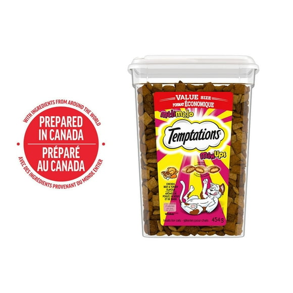 Gâteries pour chats Temptations Mélimélo arômes de poulet, de bœuf et de dinde, tendres à l'intérieur, croquantes à l'extérieur 454 g