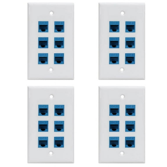 4X Cat 6 Ethernet Wall Plate 6 Port,Ethernet Wall Plate Female-Female Removable Compatible with Cat7/6/6E/5/5E,4 x ethernet wall plate,Blue&White