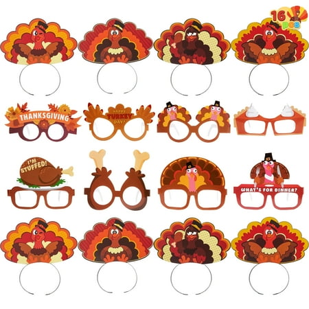 Joyfy 16 Pack Thanksgiving Turkey Hat for Kids Adult,Headbands and Glasses Frame for Thanksgiving Role Play,Party Favors Accessories(One Size Fits All)
