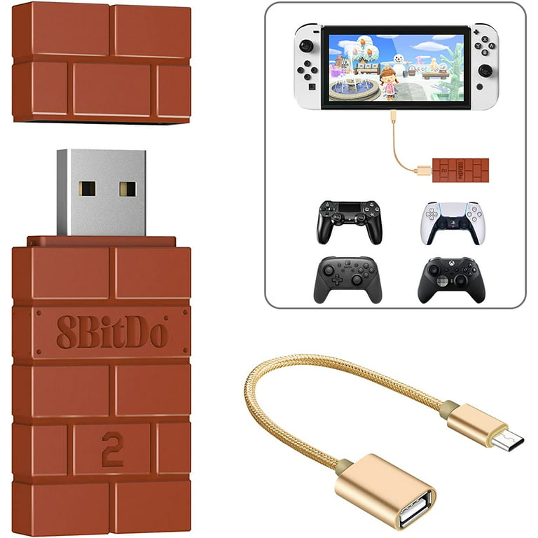 8BitDo USB Wireless Controller Adapter 2 Dongle for Switch/Switch OLED,Steam Deck,Windows,MacOS,Raspberry Pi,PS5/PS4/PS3 Controller,Xbox Series X/S,Xbox One Bluetooth Controller-OTG Cable -
