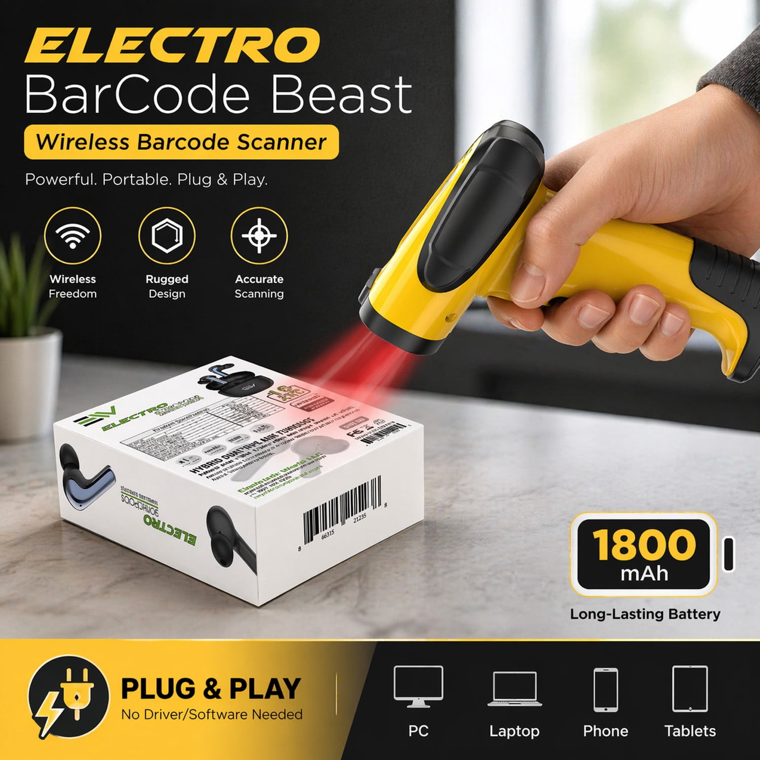 Electronic World Wireless 2D Barcode Scanner, USB QR Code Reader with Stand, High Speed Automatic Scanner for Inventory, Retail, Warehouse, POS & Small Business  Plug & Play with USB Receiver