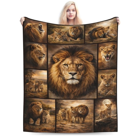 Lion Fleece Throw Blanket, Majestic African Lion Family Wildlife Art Print, Soft Warm Lightweight Blanket for Sofa Couch Bed, Home Decor All Season 50x40