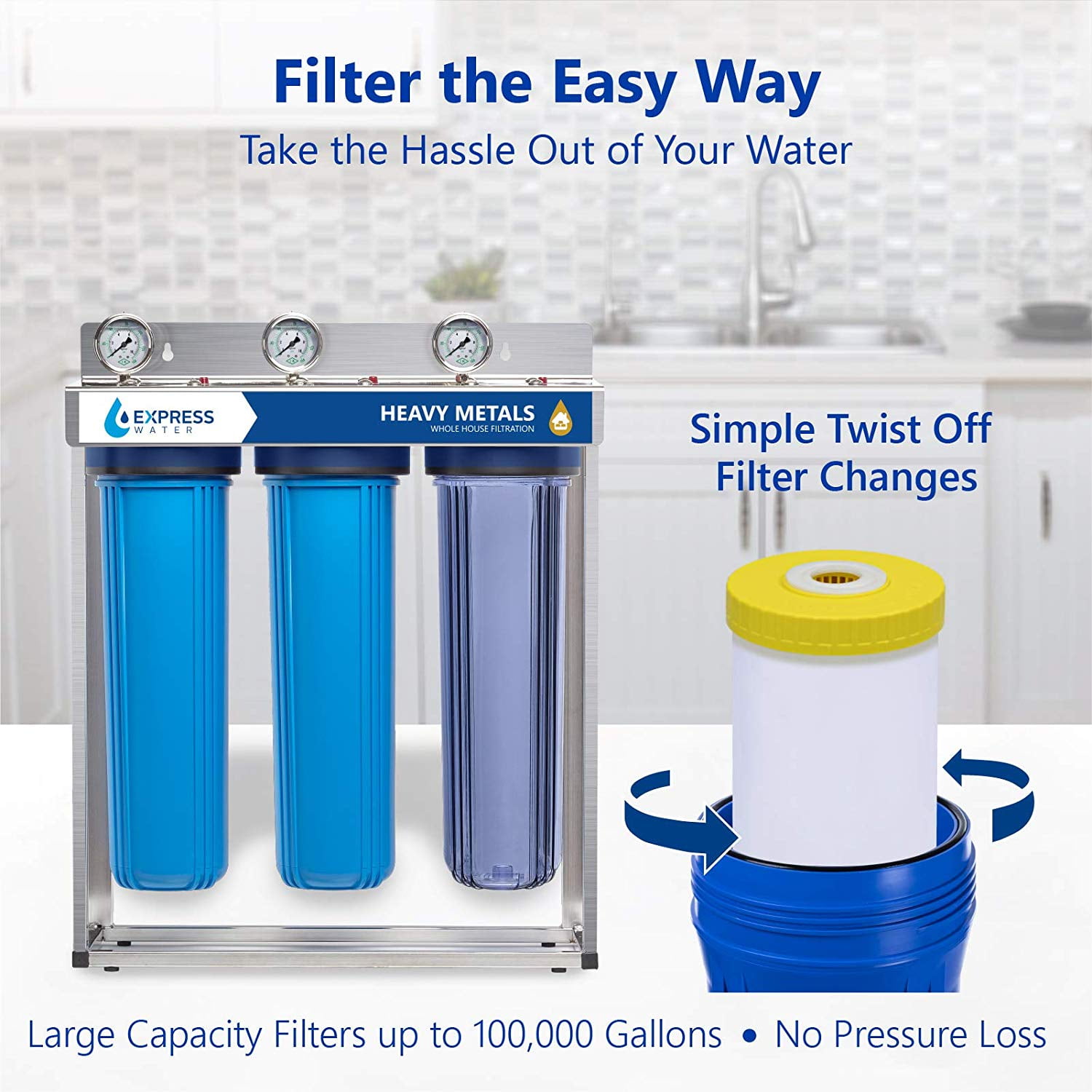 Express Water – Whole House Heavy Metal Water Filter Set – 3 Stage Filtration Replacement Kit – Sediment, Carbon Block, KDF High Capacity Cartridge – 5 Micron – 4.5” x 20” inch