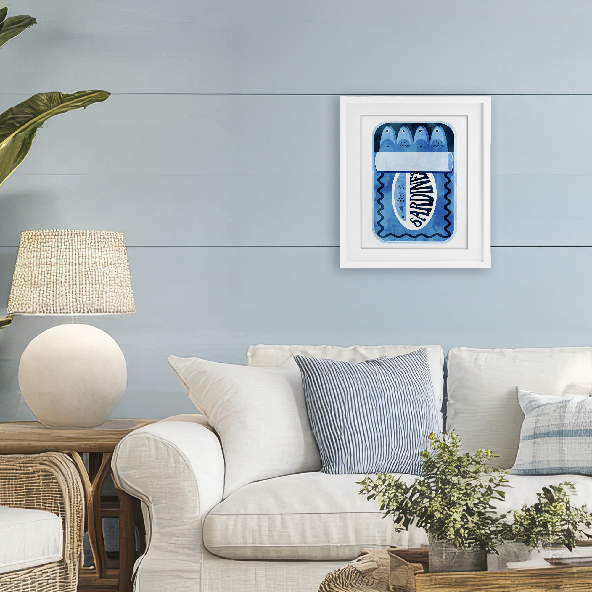 Retro Blue Sardine Tin White Framed Print Under Glass, design by Daphne Polselli