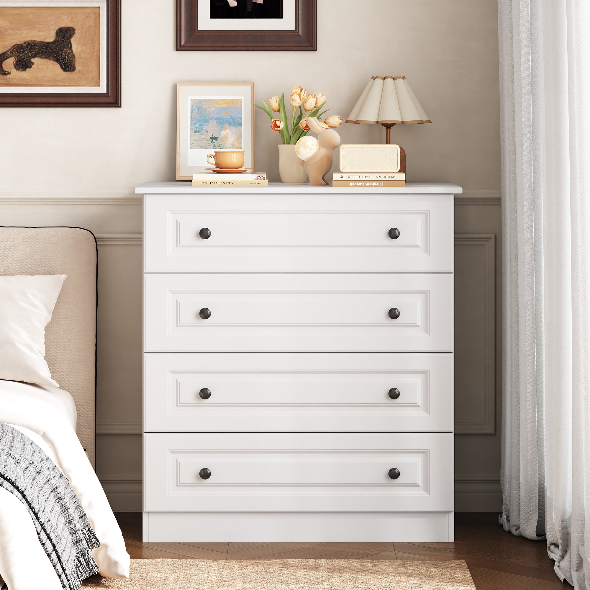 IDEALSOUL Dresser, White Dresser Tall dresser with Large Storage Space, 4 Drawer Dresser for Bedroom, Hallway, Entryway