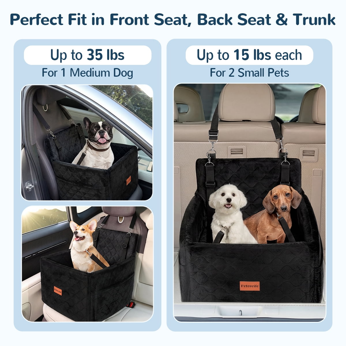 Dog Booster Car Seat for Small/Medium Dogs Up to 35lbs, DOMIPET Pet Car Travel Bed with Storage Pockets & Safety Belt, Elevated Cushion Fully Detachable and Washable