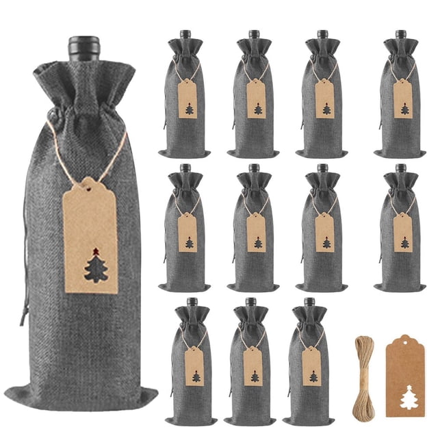 Burlap Wine Bags Drawstring Wine Bottle Bag with Tags for Gift