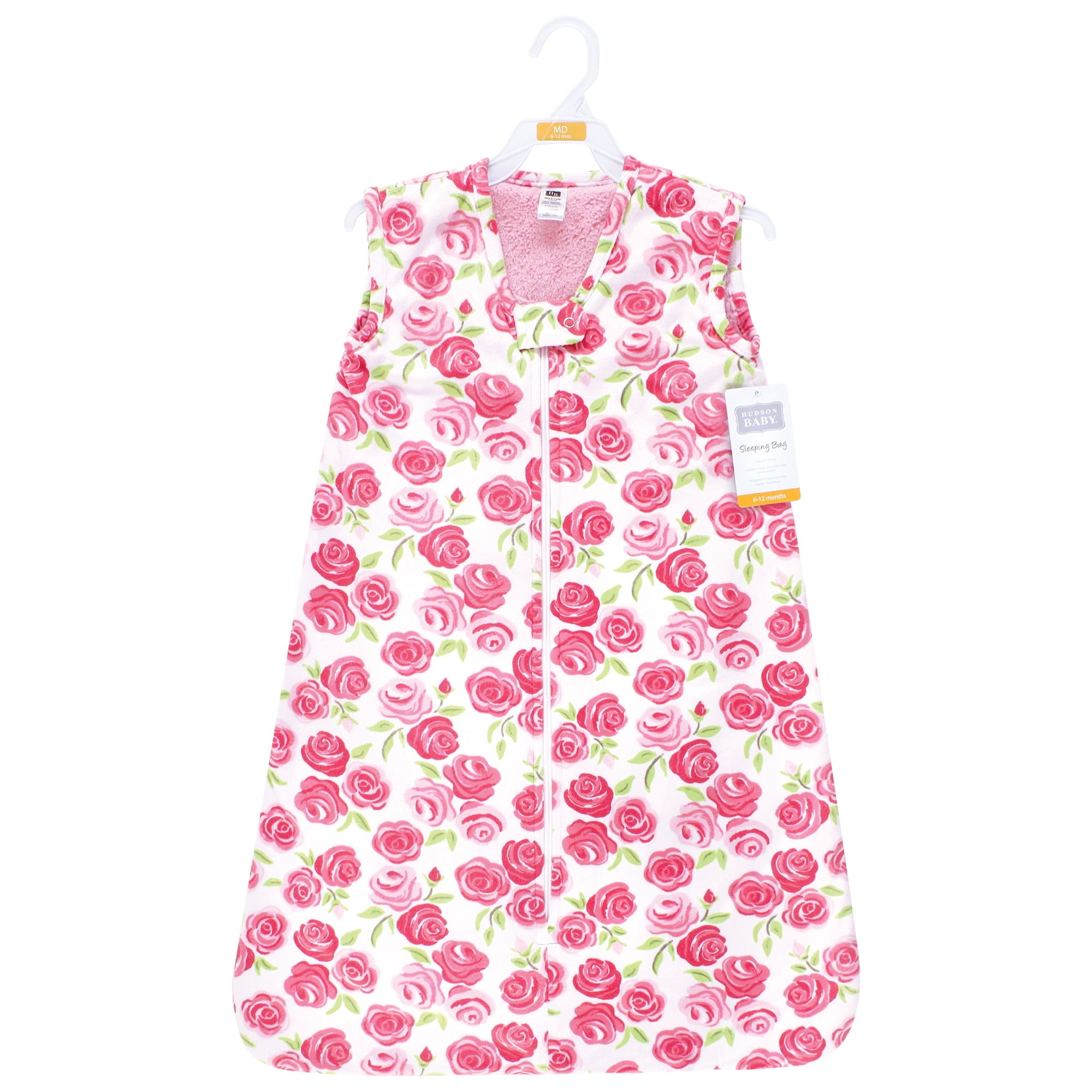 Hudson Baby Girls Plush Faux Fur Sleeping Bag, Wearable Blanket, Pink Roses, 12-18 Months