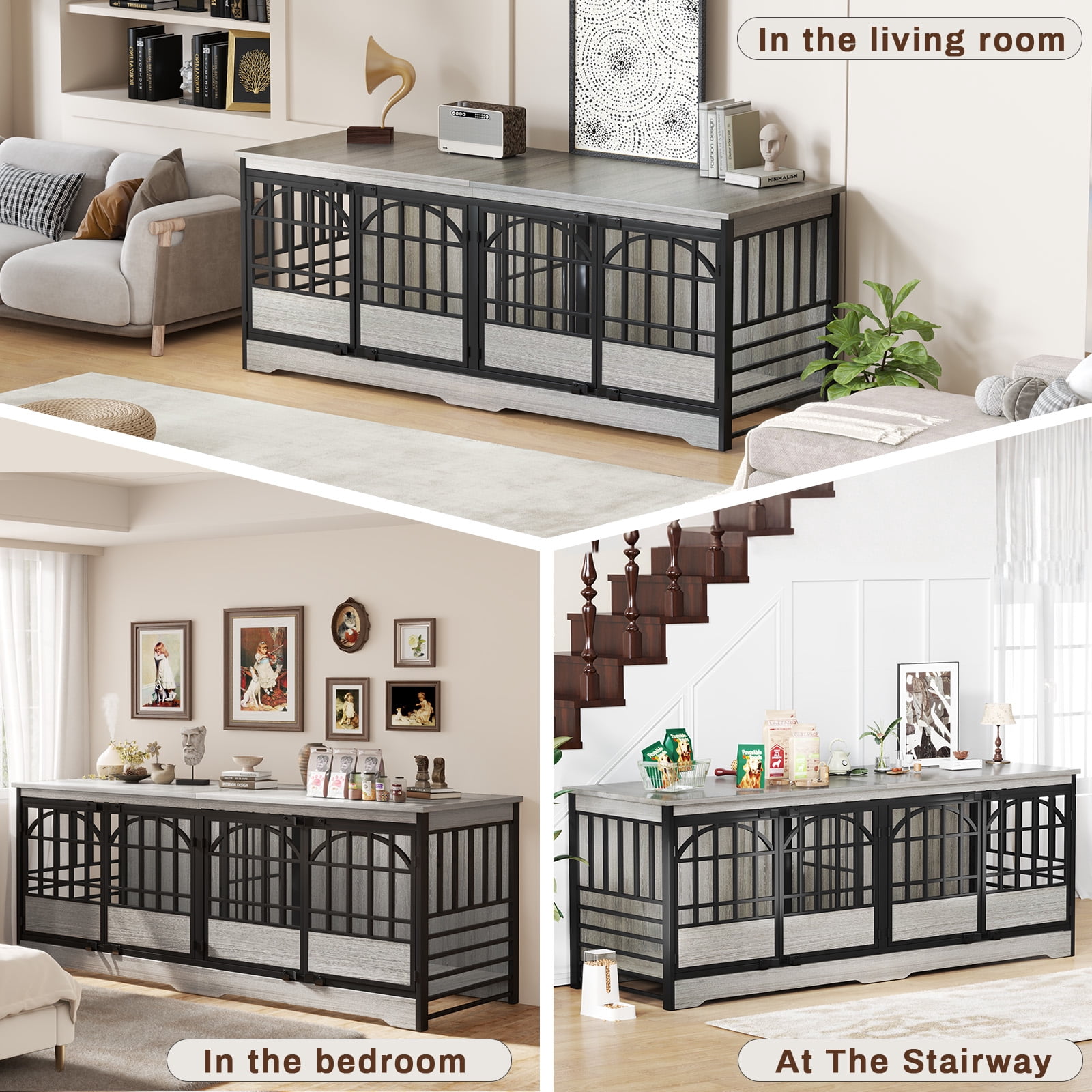 Bel Ark 86 inch Double Dog Crate Furniture for 2 Large Dogs Heavy Duty Double Dog Crates Furniture Indoor as TV Stand,Large Gray