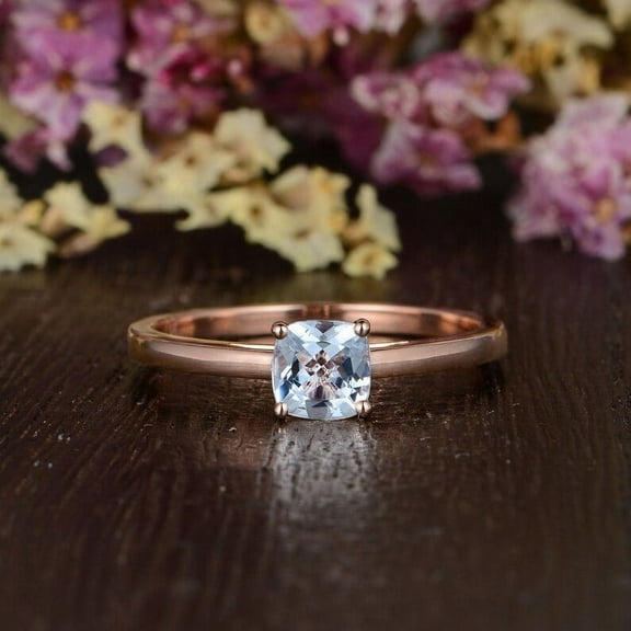 Vintage Cushion Cut Natural Aquamarine Bridal Wedding Ring Gold Plated Sterling Silver Astrological Ring For Women