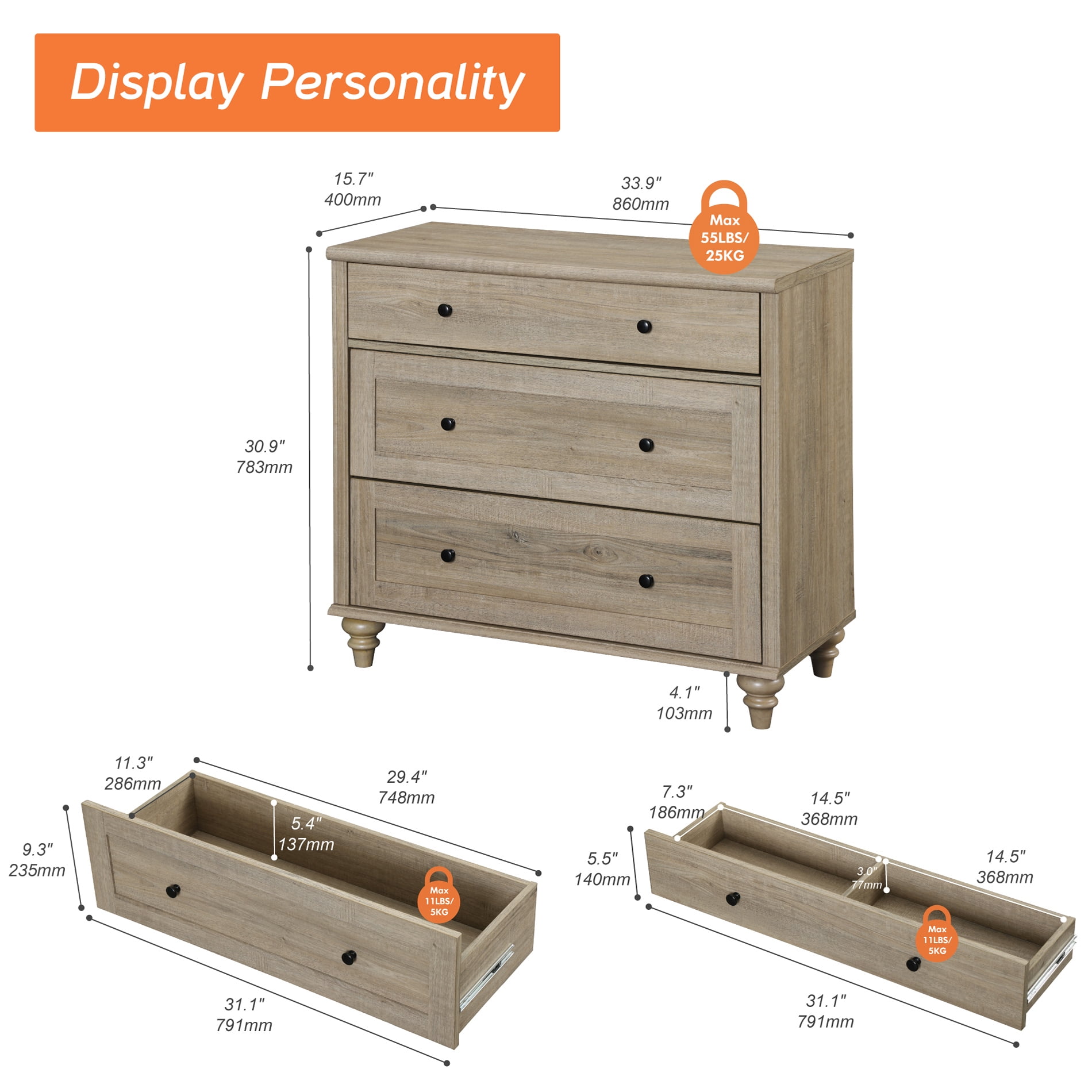 Farmhouse Nightstand with 3 Drawers, Set of 2 Large 3 Drawers Wood Bedside Table Night Stand, Wide Sofa Side End Table Chest of Dresser for Living Room, Bedroom, Grey, 34 inch