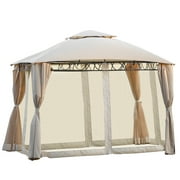 Outdoor Patio Large Garden Top Gazebo with Sidewall Party Tent, Double Tiered Grill Canopy, 110"H x 142"W, Beige