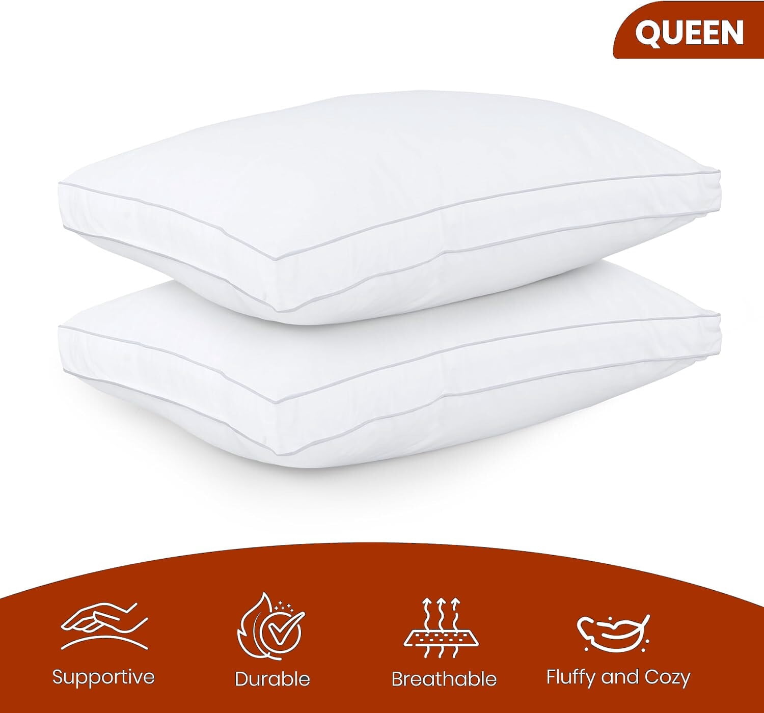 Set of 2 Queen Bed Pillows with Cotton Cover and Soft High Pile Filling