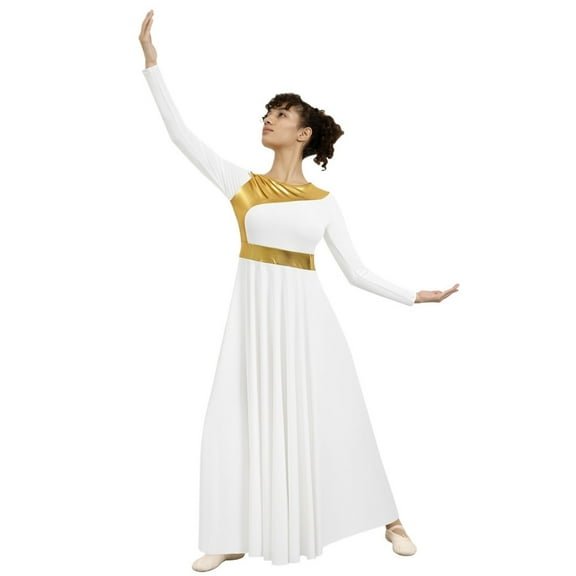 Women Praise Dance Dress Metallic Fit Full Length Liturgical Worship Costume Long Sleeve Dancewear