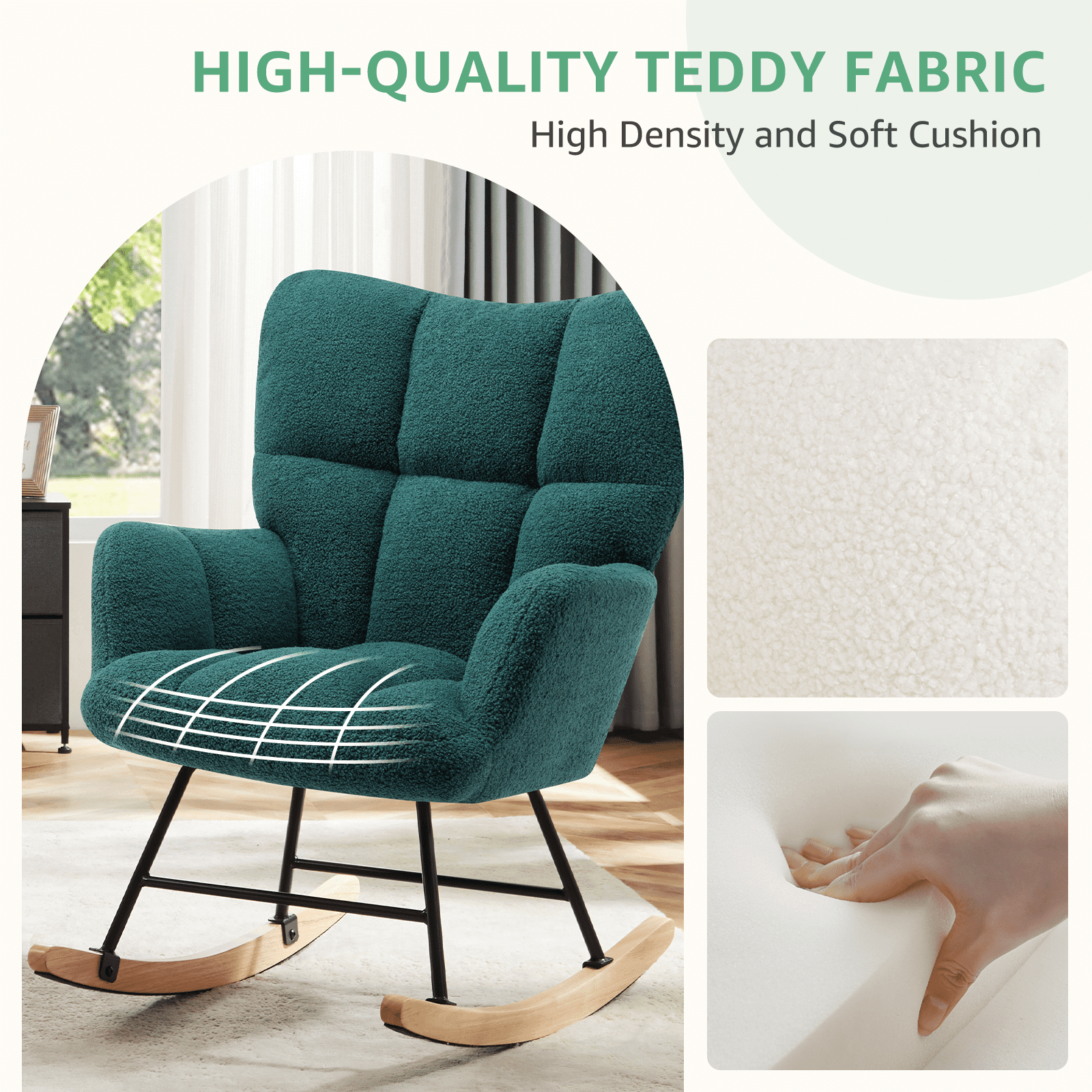 MAYEERTY Upholstered Rocking with High Backrest, Modern Accent Reading Chair for Living Room, Bedroom, Green