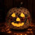 thumbnail image 5 of Floral Hand-Painted Ceramic Light Up Pumpkin Lantern, Carved Jack-O-Lantern with Warm LED, Textured Speckled Green Base Folk Halloween Tabletop Decor for Mantel Bedside Entry Shelf Fall Centerpiece, 5 of 7