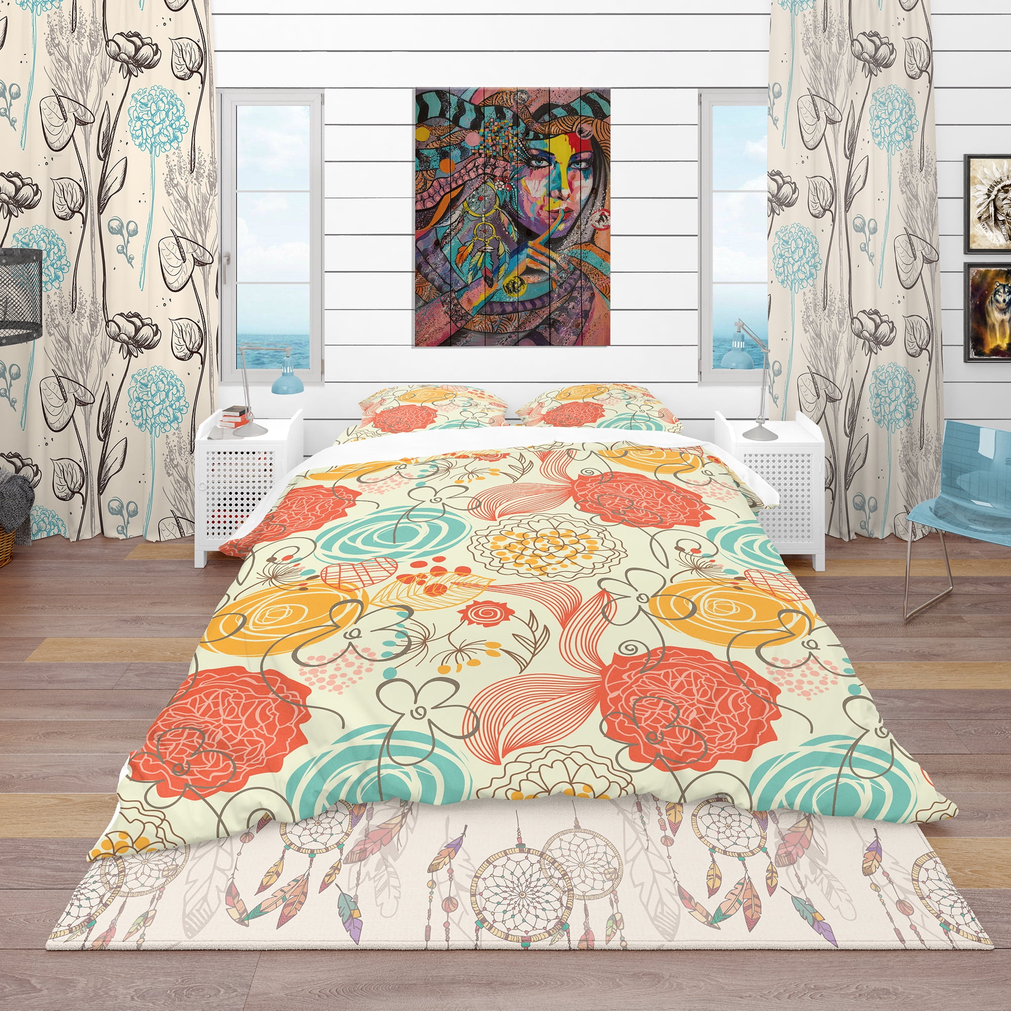 Designart 'Retro Floral Pattern' Bohemian & Eclectic Duvet Cover Set