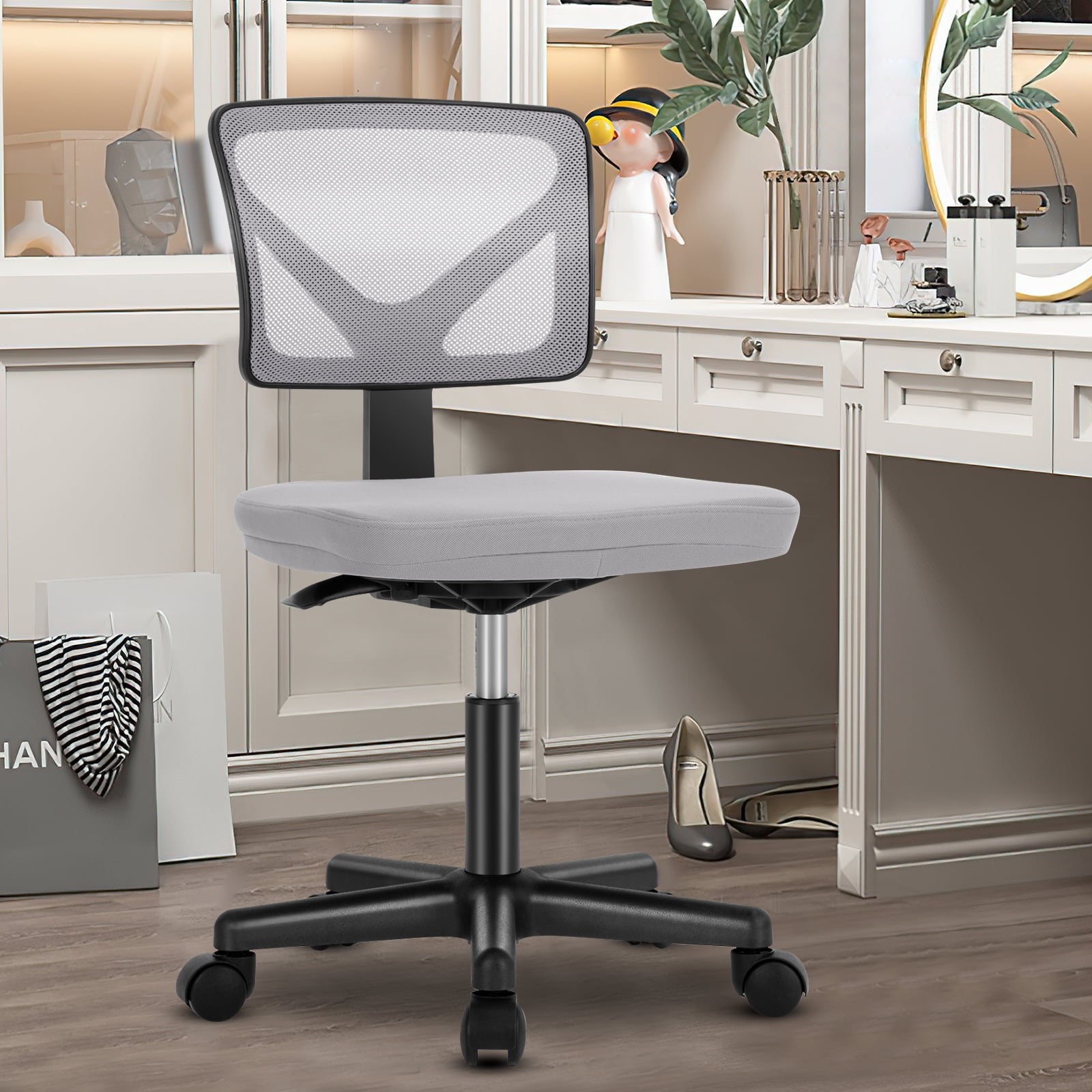 JOINSUN Armless Home Office Desk Chair for Small Space, Adjustable Height, Swivel Rolling Mesh Computer Chair, Gray