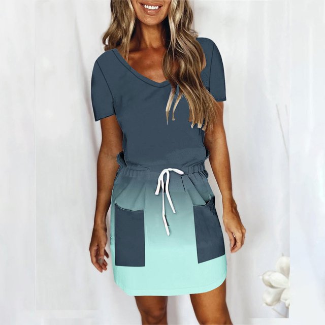 LOVZFMLL Robe Mi-Mollet à Manches Courtes et Col en V Unie pour Femme Vert 2TG