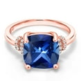 thumbnail image 3 of Gem Stone King 18K Rose Gold Plated Silver Blue Created Sapphire Engagement Ring for Women | 5.61 Cttw | Cushion 10MM | Gemstone September Birthstone | Size 6, 3 of 5