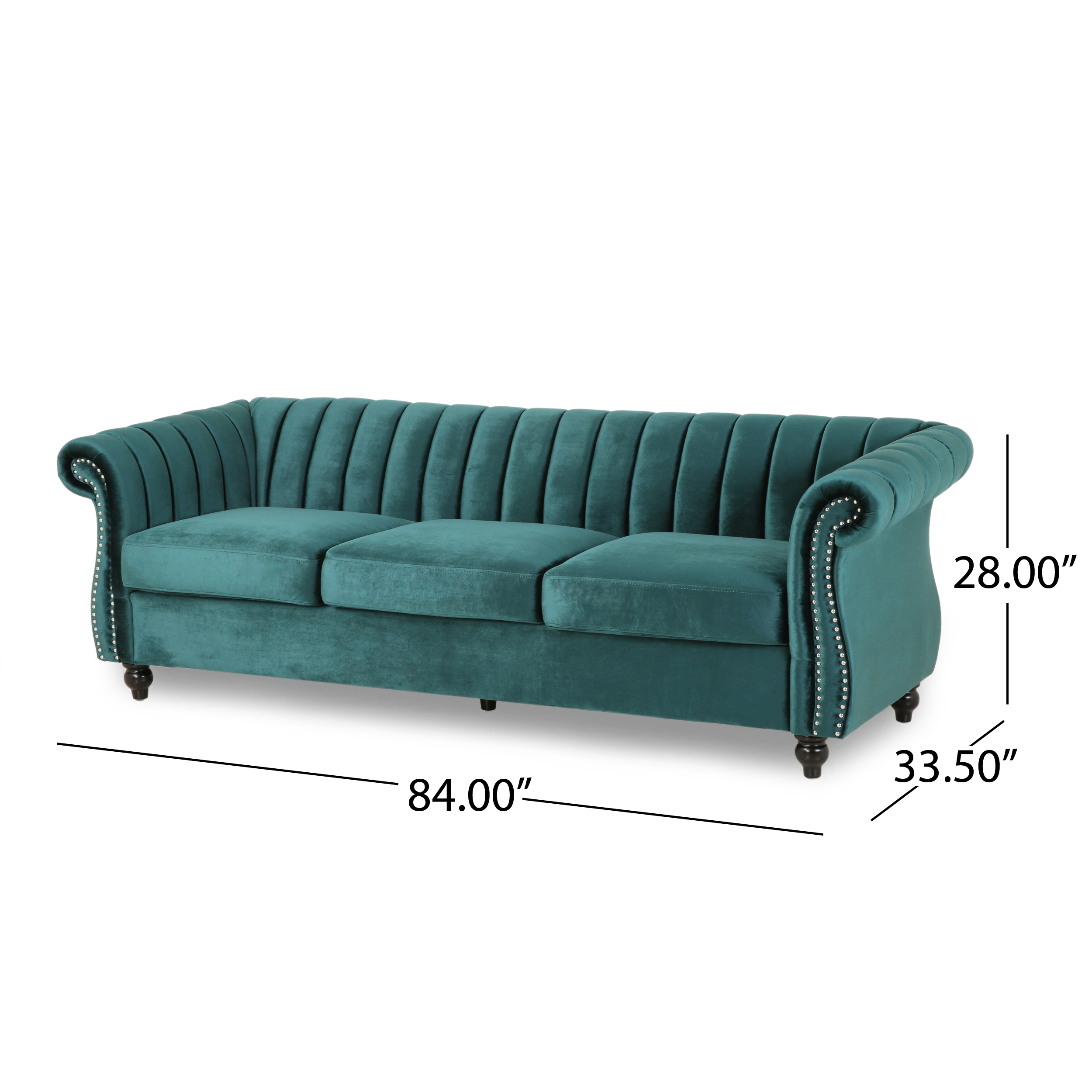 Noble House Fenix Velvet Channel Stitch 3 Seater Sofa, Teal