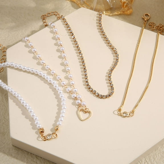 Hyasfey 4Pcs Luxurious Gold Bracelets Rhinestones Hollow Heart Jewelry Sets Dainty Alloy Pearl Bracelet Gifts for Women Girls