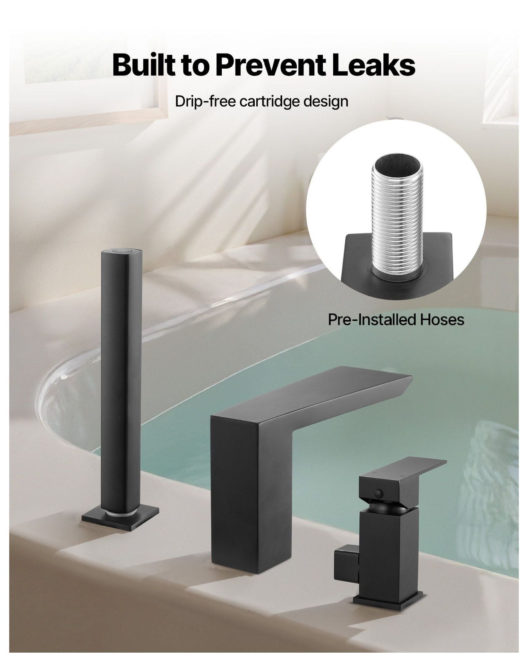Roman Tub Faucet 3 Hole, Waterfall Bathtub Faucet with Shower Head, Matte Black Tub Spout, Stainless Steel Roman Bathtub Faucets for Adult Bathing & Pet Washing