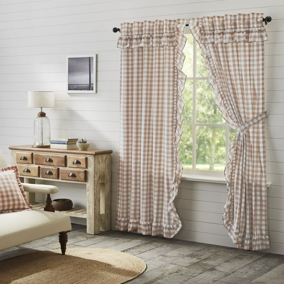 VHC Brands Annie Buffalo Portabella Check Farmhouse Ruffled Panel Curtain Set 84x40