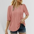 thumbnail image 2 of MIXUE Boho Tops For Women Summer Solid Color V Neck Short Puffed Sleeve Casual Tshirts Streetwear,Pink,S, 2 of 6