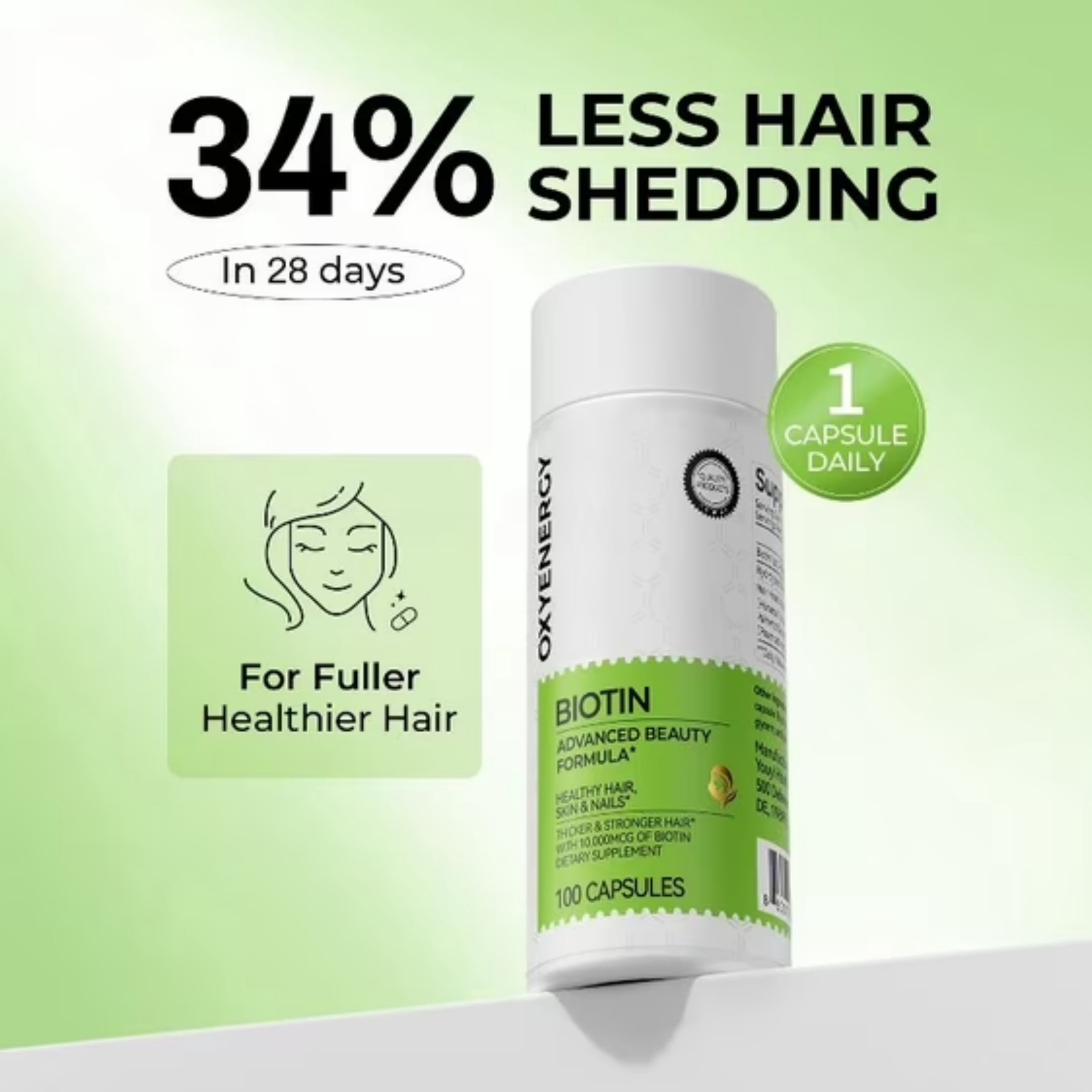 OxyEnergy Biotin 10,000mcg Hair, Skin & Nails Supplement, Triple Nutrient Formula with AnaGain & Keratin, 60 Capsules