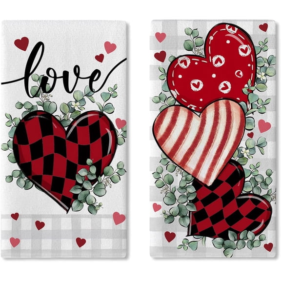 Valentines Day Kitchen Dish Towels Set of 2, Red Love Heart Eucalyptus Leaves Buffalo Plaid Drying Hand Towel Baking Cooking Cloth, Anniversary Wedding Bathroom Home Decoration 18'''' x 26''''