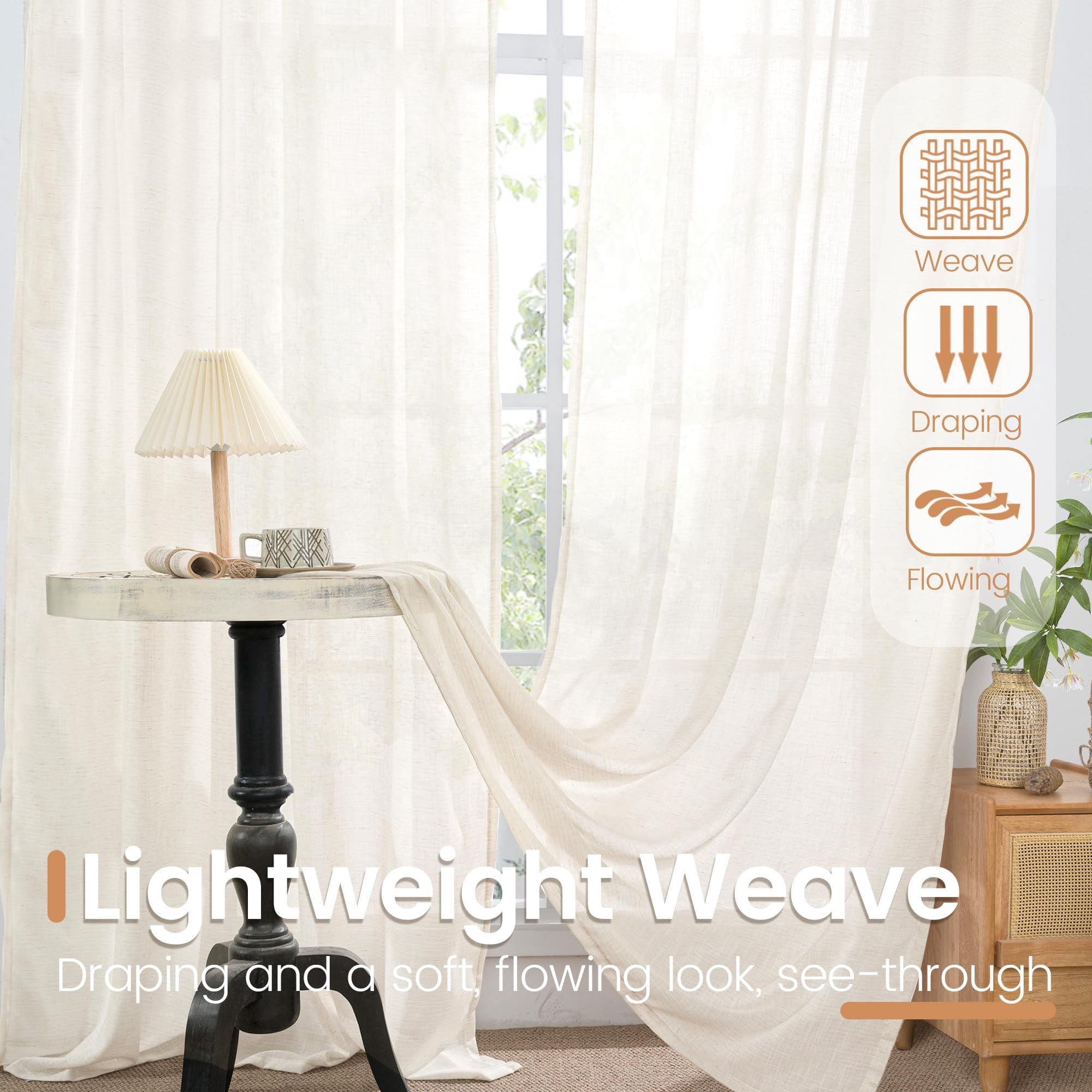 Linen Sheer Curtains 96 Inches Long For Bedroom  Natural Drapes Lightweight Living Room Dining Decor Floor Length Rustic With Rod Pocket Light Filtering 2 Panels Set 52 X 96 Inch