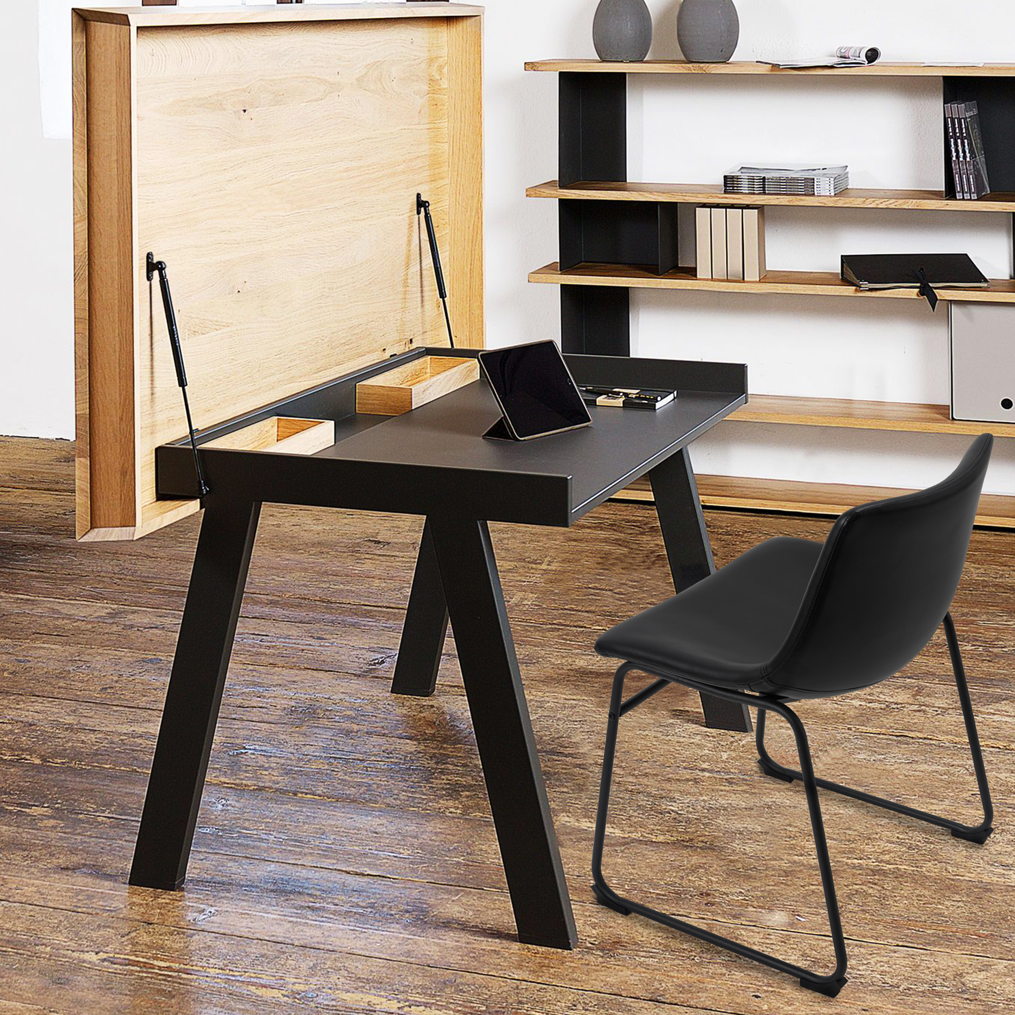 Set of 2 Fabric Bar Stools Low Back Counter Height Bar Stool with Leather Pub Chairs Height 29" Black