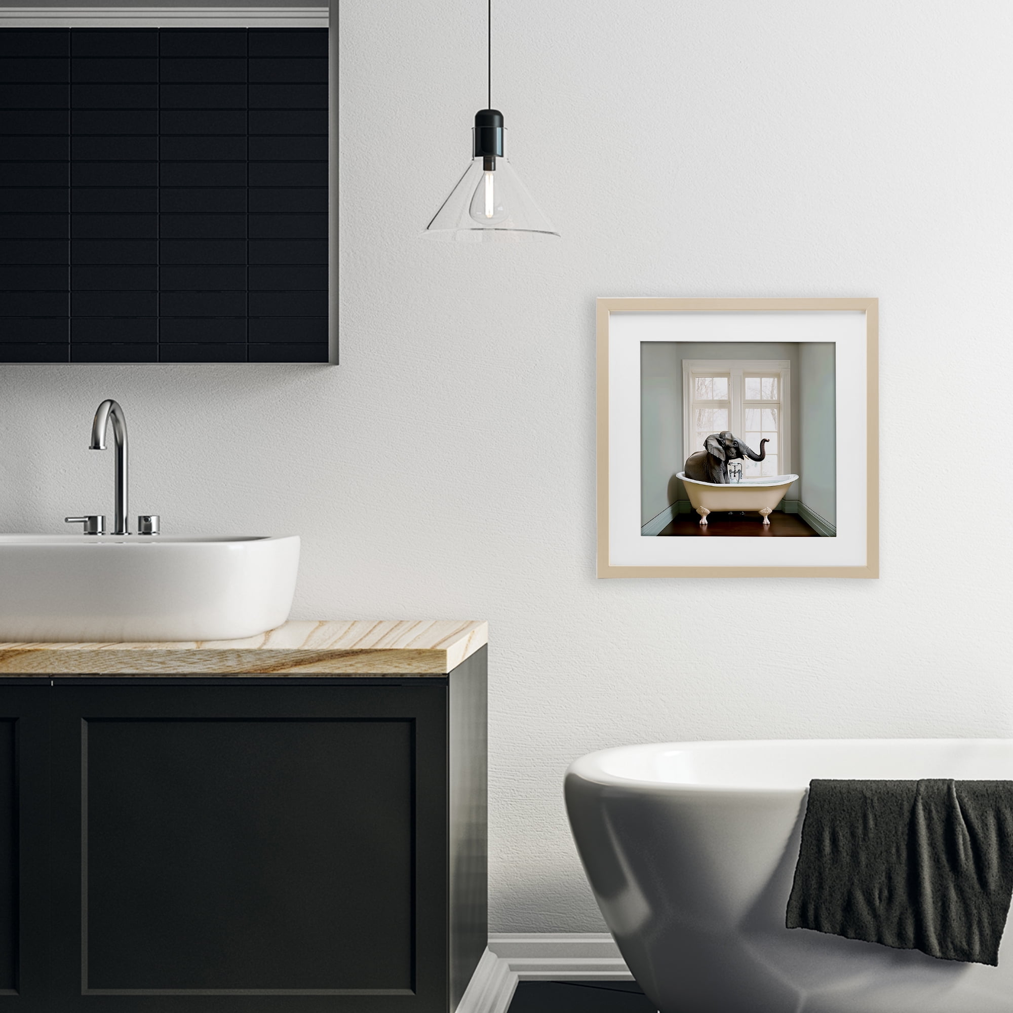 Minimal Elephant Bathtime Birch Framed Print Under Glass, design by Sasha