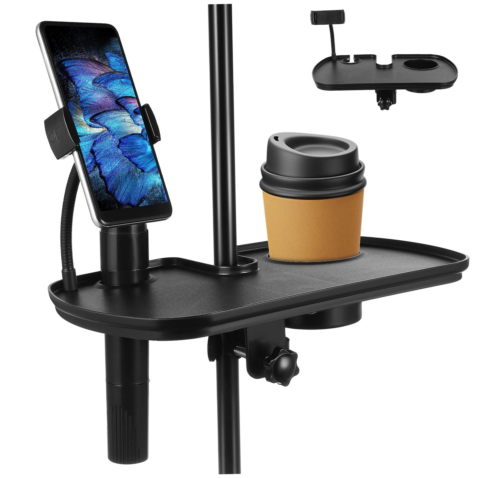 LULULION Black Mic Stand Tray Clamp on Shelf with Large ABS Tray for Microphone Stand Accessories and Live Broadcast