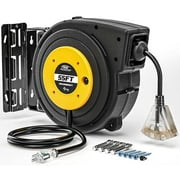 CRST Extension Cord Reel , 55feet Retractable Extension Cord with Reset Push Button, Lighted Triple Outlet, Adjustable Stopper, and Mounting Kit