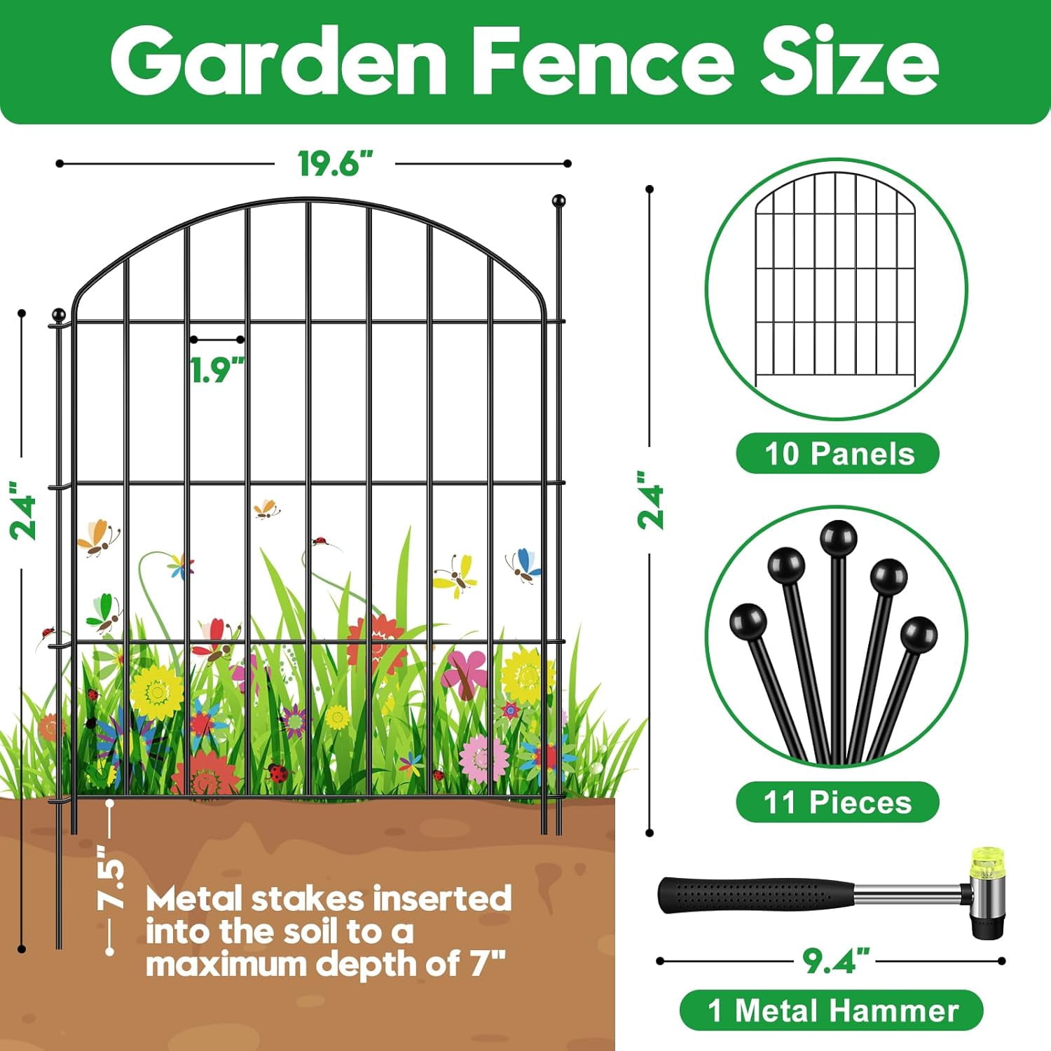 Decorative Garden Fence 24in (H) x16ft (L), Arched Rustproof Metal No Dig Fence for Dogs & Rabbit, Ornamental Animal Barrier for Flower Beds, Border Panels Fencing for Yard & Patio Outdoor Decor