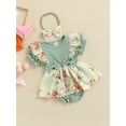 thumbnail image 3 of Kiapeise Baby Girl Summer Outfit Ruffle Sleeve Ribbed Romper Bow Floral Suspender Bodysuit Dress with Headband Clothes Set, 3 of 9