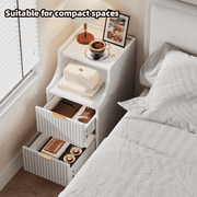 Oxirth 2PC Narrow Nightstand, 11.8 Fluted Bedside Tables with 2 Drawers & Open Shelf, Slim Mid-Century Modern End Table for Bedroom, Living Room, Office – White & Gold Accent
