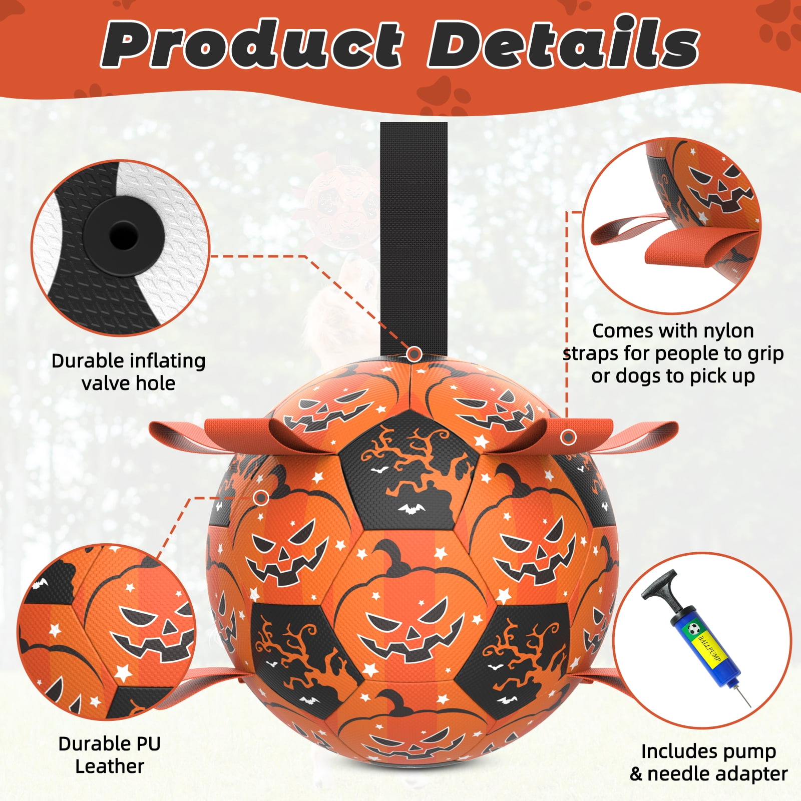 QDAN Halloween Dog Toys Soccer Ball with Straps, Interactive Dog Toys for Small Medium Large Dogs, Orange & Black, 7inch