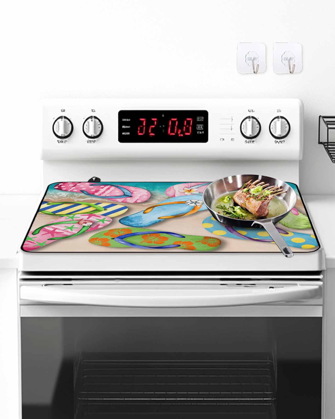 Stove Top Covers for Electric Stove, Colorful Flip Flops Glass Stovetop Cover Protector, Summer Blue Beach Ocean Induction Cooktop Protector Oven Mat for Kitchen Countertop 28.5"x20.5"