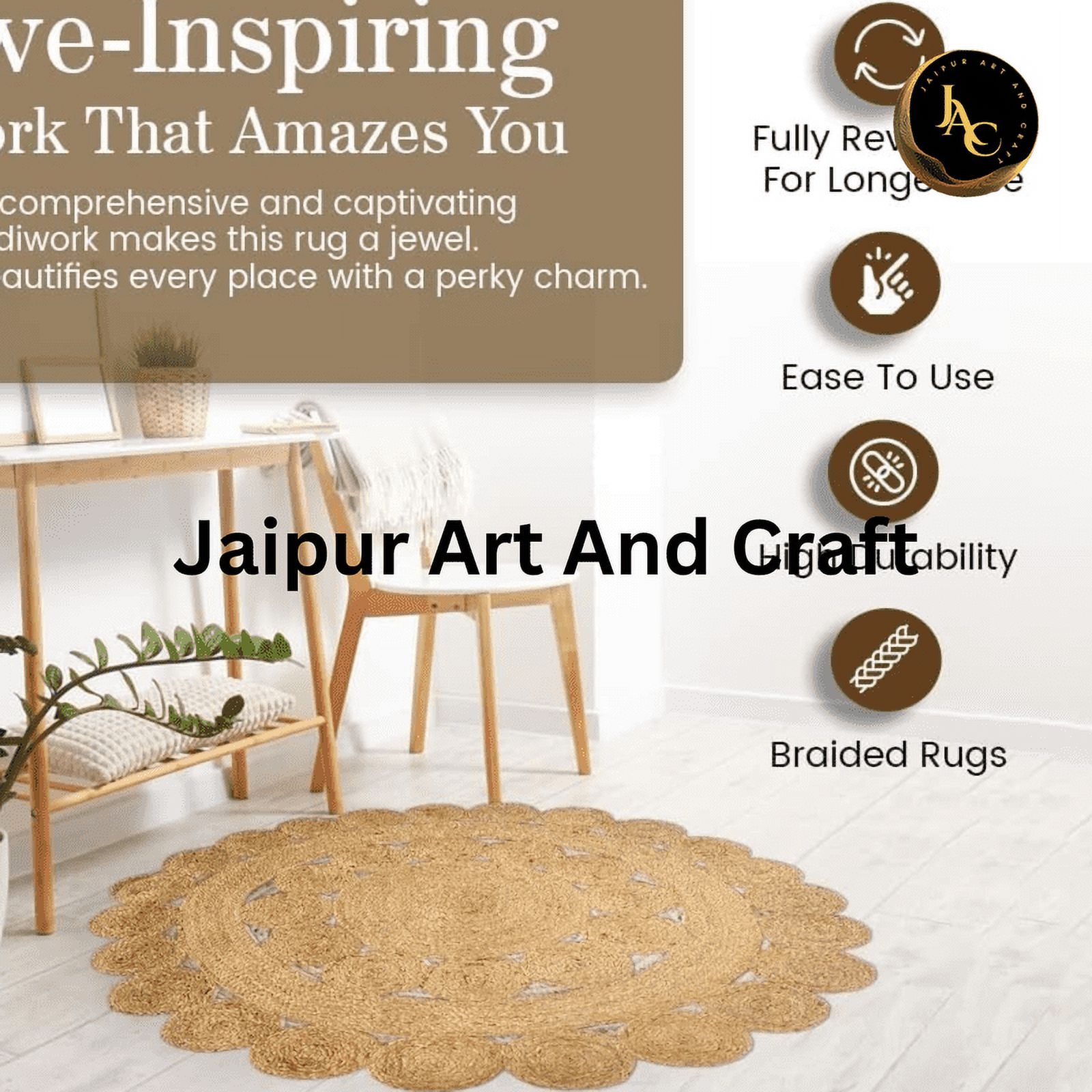 Jaipur Art And Craft Round Jute Area Rug Handmade Boho Charm Farmhouse Soft Braided Carpet for Indoor (3x3 Sq Ft)