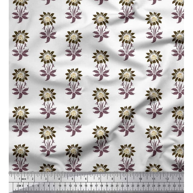 Soimoi Polyester Crepe Fabric Leaves & Floral Block Print Sewing Fabric Yard 52 Inch Wide