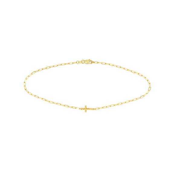 14k Yellow Gold Mini Religious Faith Cross Sparkle-Cut Paper Clip Link Anklet Lobster Lock Closure 10 Inch Anklet for Wo