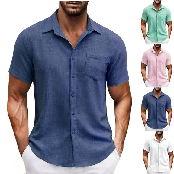 UVEASISHA Holiday Sales Mens Linen Beach Shirts Solid Color Short Sleeve Button Down Shirt Lightweight Quick Dry Beach Shirts Breathable Casual Hawaiian Shirt with Pocket Dark Blue XL