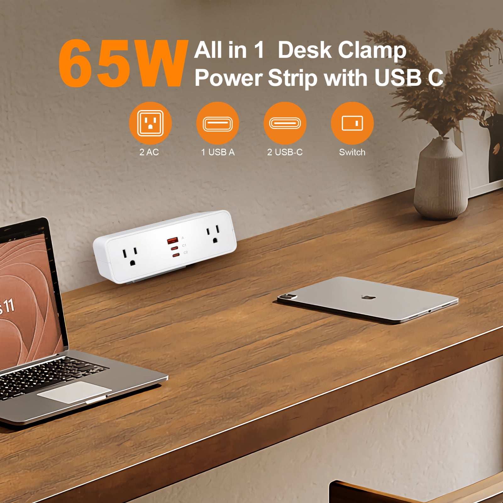 Desk Clamp Power Strip USB C 65W, Desktop Edge Mount Fast Charge Station 3 PD USB Port 2 AC Outlets 6ft Braided Extension Cord Flat Plug Fit Max 3.26’’ Tabletop Edge for Gaming Office Table